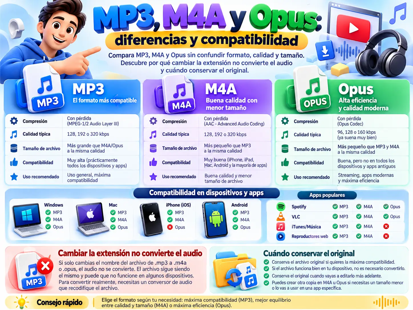 MP3, M4A y Opus: diferencias y compatibilidad