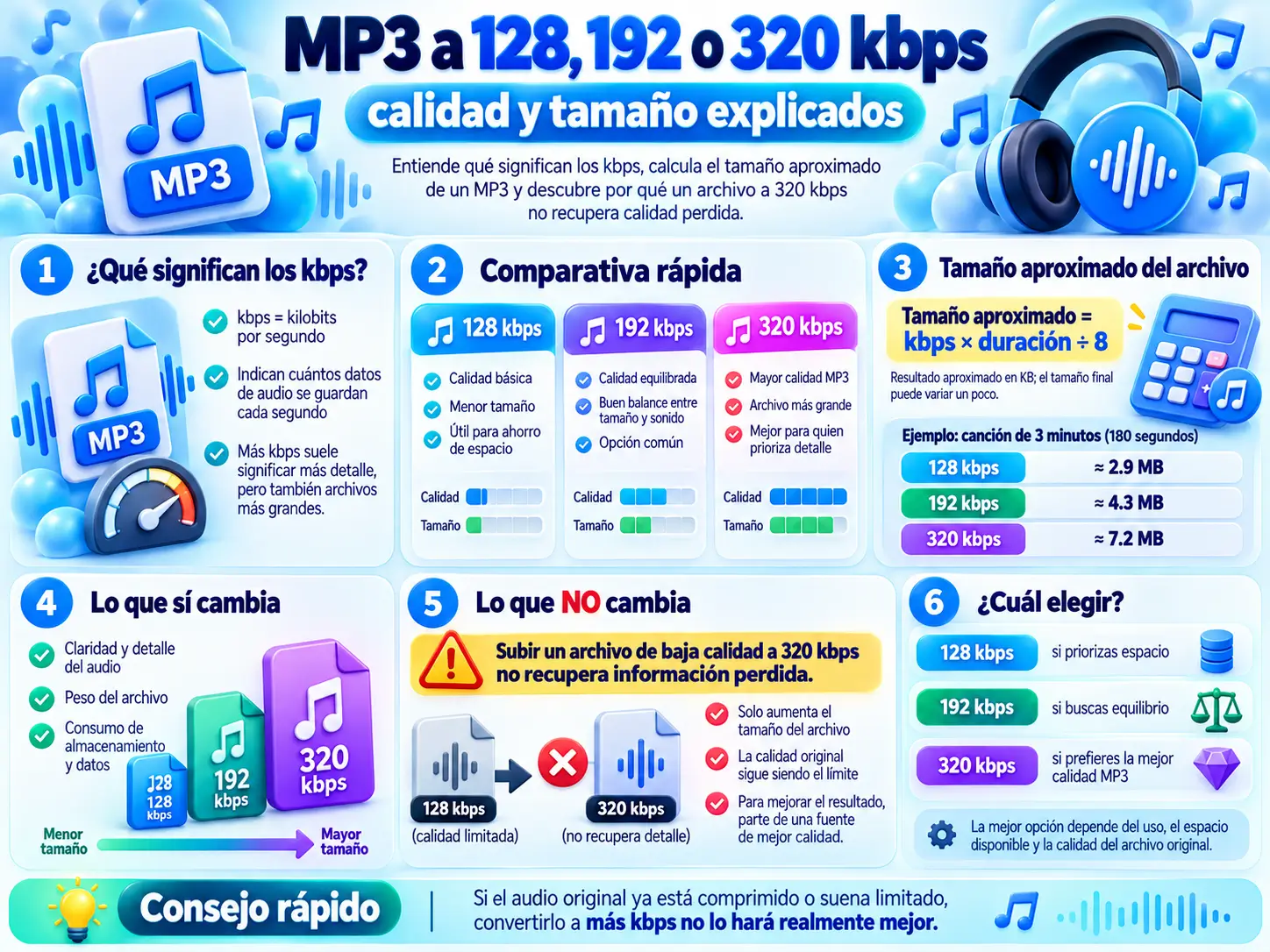 MP3 a 128, 192 o 320 kbps: calidad y tamaño explicados