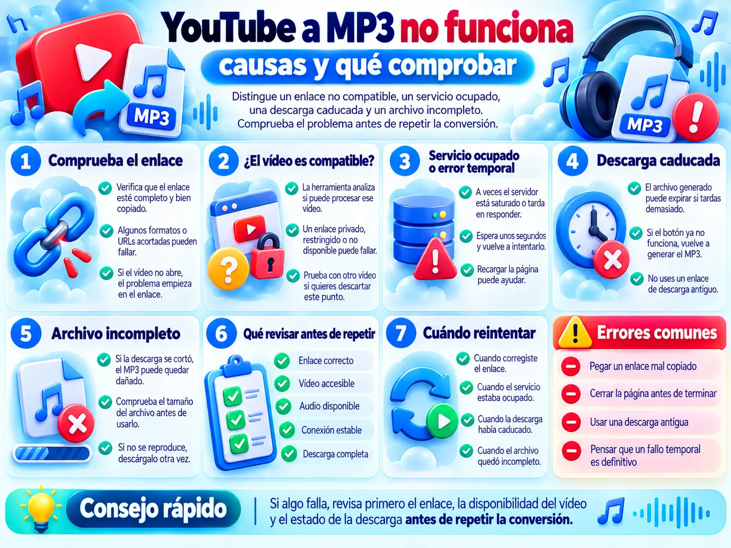 YouTube a MP3 no funciona: causas y qué comproba